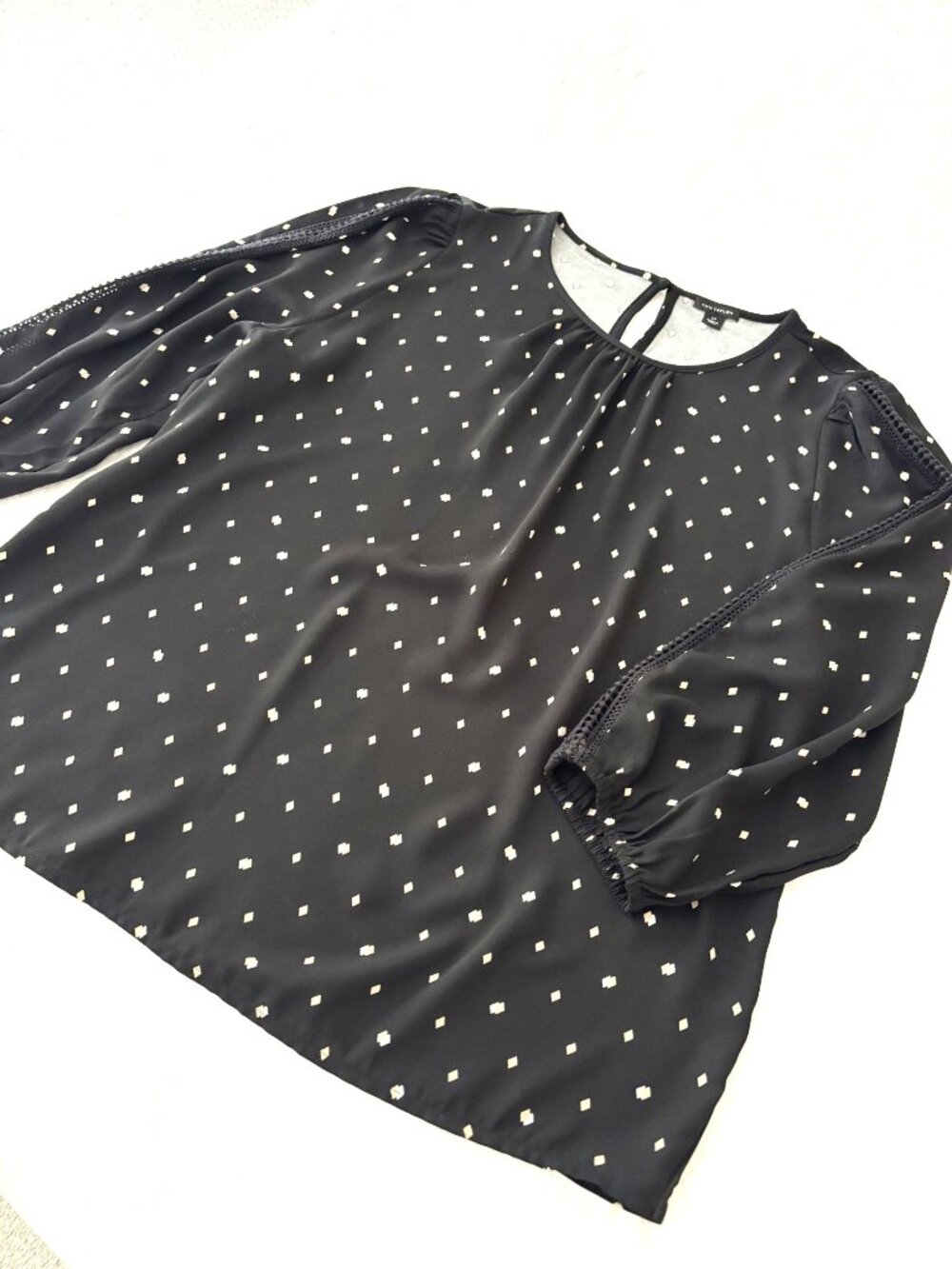 Ann Taylor 3/4 sleeve black geo blouse; PL; NWOT